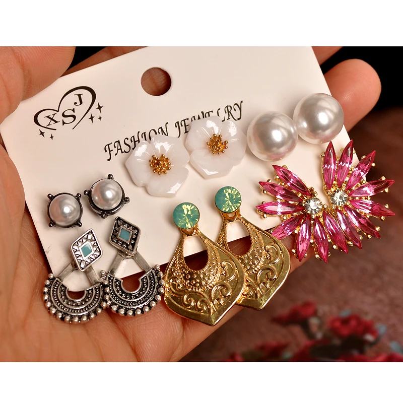 

New fashion women jewelry wholesale girls' party pearl earrings gorgeous pink mashup 6 pairs /set earrings gift free shipping
