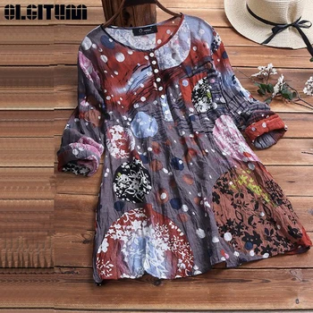 

OLGITUM New Women Blouse 2020 Summer Oversize Tunic Shirt Floral Printed Long Sleeve Top Female Vintage Blusas Robe BS383