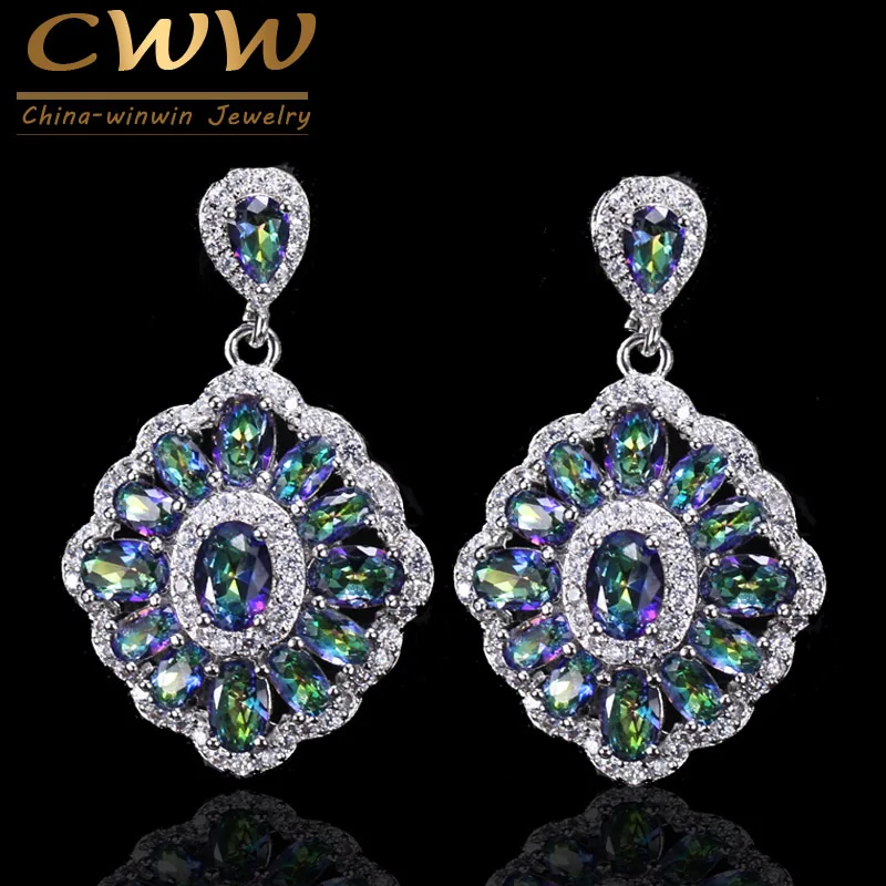 

CWW Brand Women Crystal Jewelry Vintage Drop Blue Rainbow Fire Mystic Created Topaz Earring With Zircon Stones CZ053