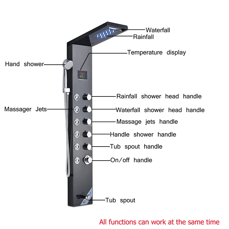 Светодиодный рассеивающий никелевый душ панель настенная черная душевая Колонка система Температура цифровой экран Поворот распылитель для массажа струй