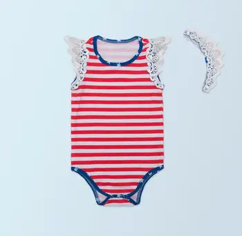 

2PC per Set Baby Girl Clothes Infant Red Striped Lace Angel Romper Infant Girl Outfit Crown Headband for 0-24months