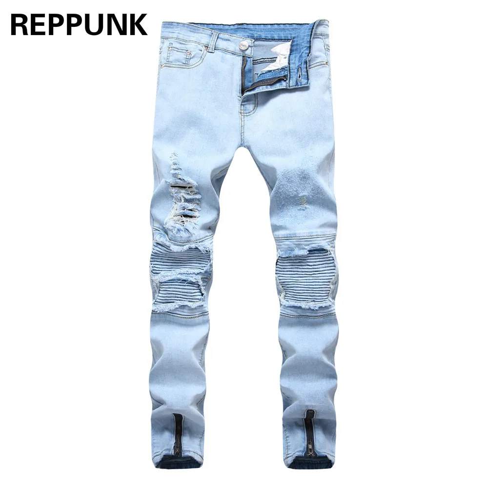 REPPUNK 2018 New High Street Men Jeans Stretch Destroyed Ripped Design Fashion Ankle Zipper Skinny For male hiphop Pencil Pants | Мужская