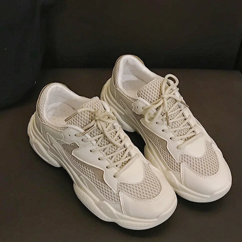 Ins/Весенняя женская спортивная обувь; Новинка года; обувь в старом стиле; Студенческая обувь для бега на толстой подошве из сетчатого материала; прогулочная обувь на плоской подошве; MM-141 - Цвет: Бежевый