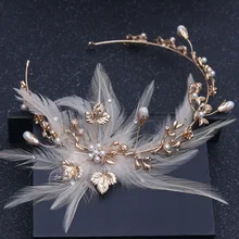 Барокко Винтаж золото кристалл диадемы Короны перо жемчуг цветок головной убор стразы женские свадебные аксессуары для волос