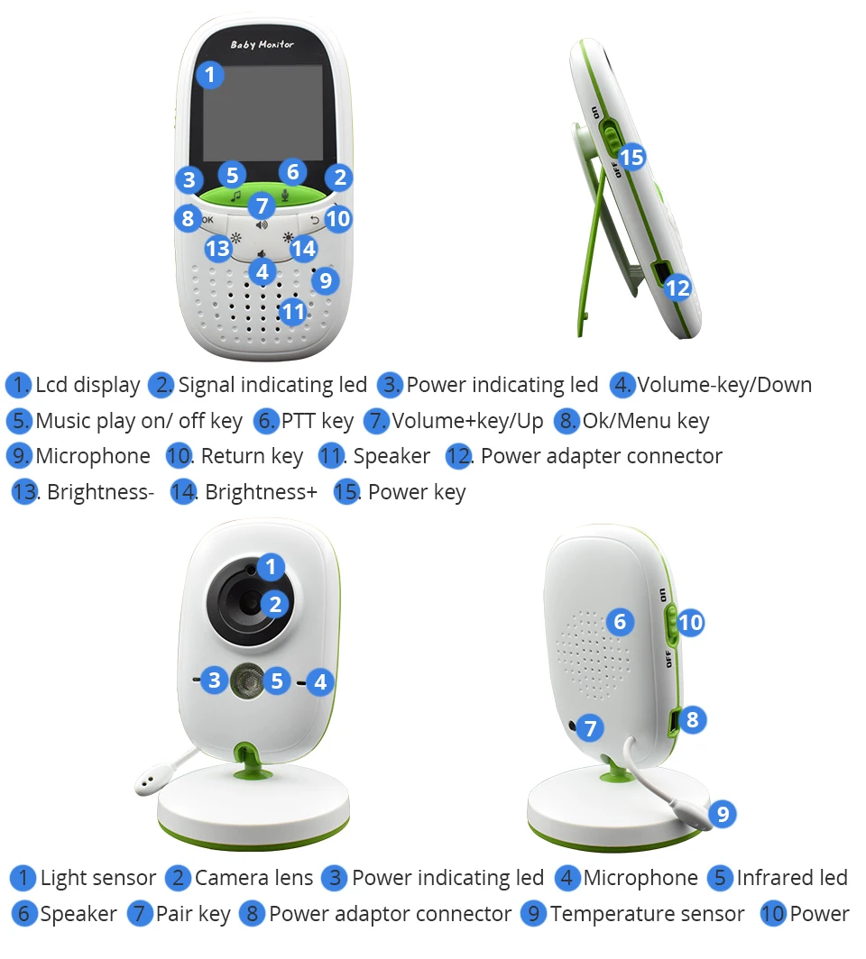 VB602 Wireless Baby Monitor Infant 2.4GHz Digital Video Baby Monitor Temperature Display Night Vision Music Nanny Monito