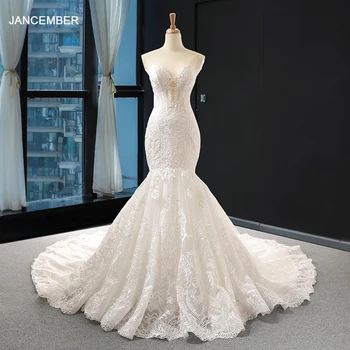 شراءJ66594 Jancember الفاخرة حورية البحر فساتين الزفاف للعروس س الرقبة أكمام الطابق طول مع قطار Vestido دي فيستا لونغو 2019