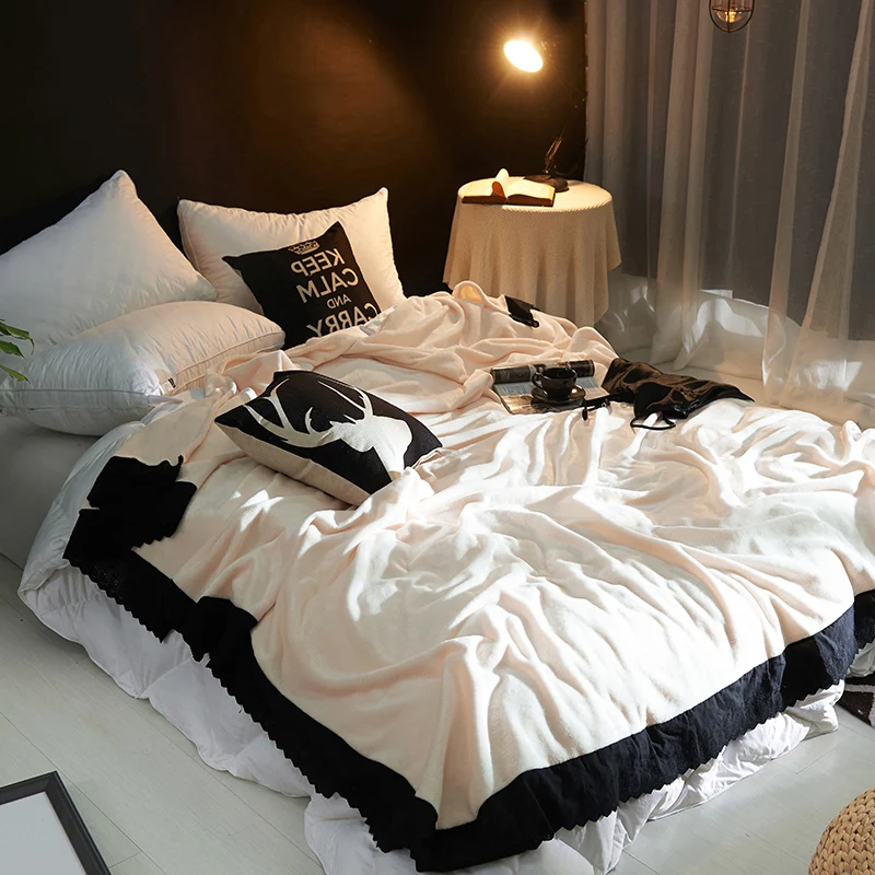 

Fashion Lace Creamy White Soft Faux Mink Flannel Fleece Plush Blanket Throws Twin/Full/Queen/King Size Air/Sofa/Bed Cover Solid