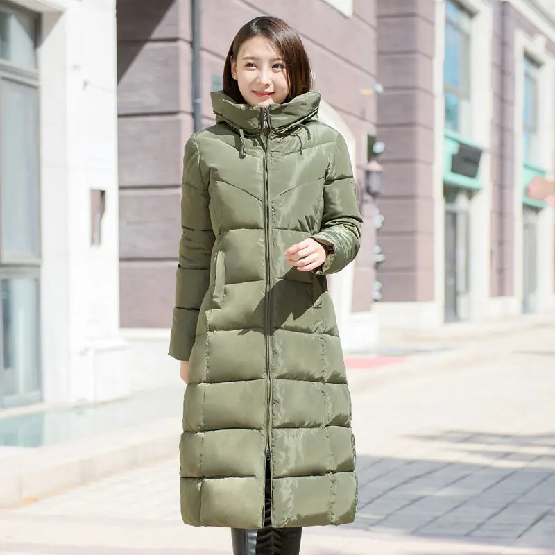 Army Green High quality Stand Collar Hooded Coat women Winter slim waist Warm Thicken long parkas plus size Solid Padded Parka 4XL - Цвет: Army Green