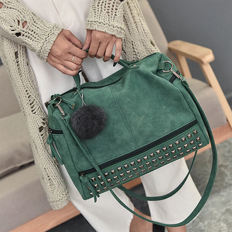 Vintage Nubuck Leather Ladies Handbags Rivet Larger Women Bags Hair Ball Shoulder Bag Motorcycle