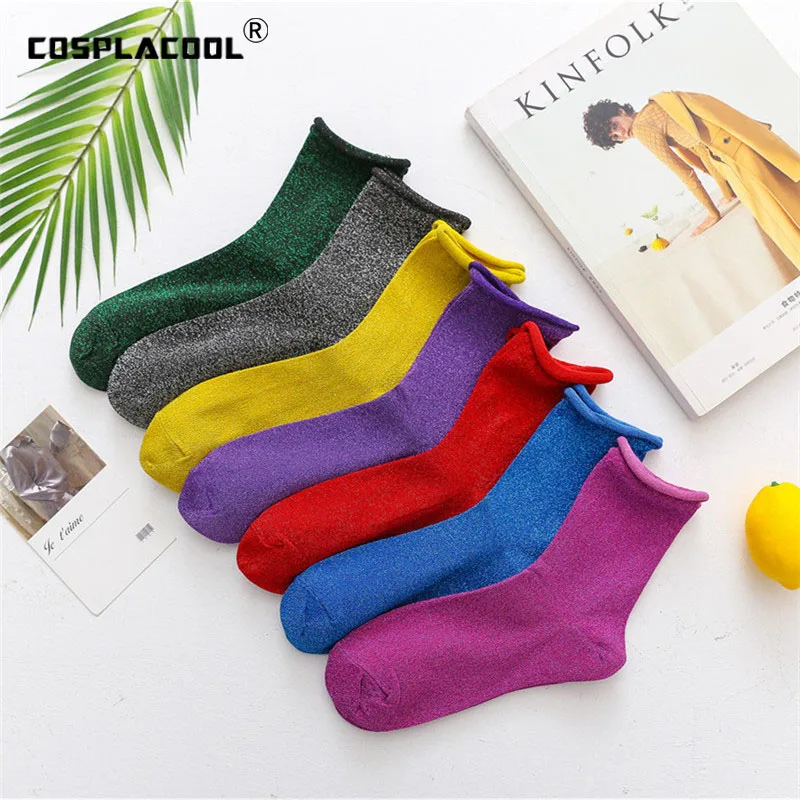 

[COSPLACOOL]Edge Gold Silver Silk Socks College Harajuku Japanese Socks Women Skarpetki Sokken Chaussette Femme Calcetines Mujer