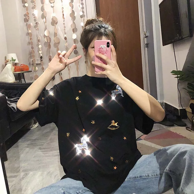 

korean style spring summer women embroidery sequin tshirt cartoon horse casual loose femme glitter tops mujer black streetwear