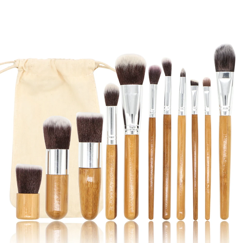 

11PCS Bamboo Makeup Brushes Kabuki Makeup Brush Set Cosmetic Foundation Blending Blush Face Powder Brush Makeup Brush Kit Pouch
