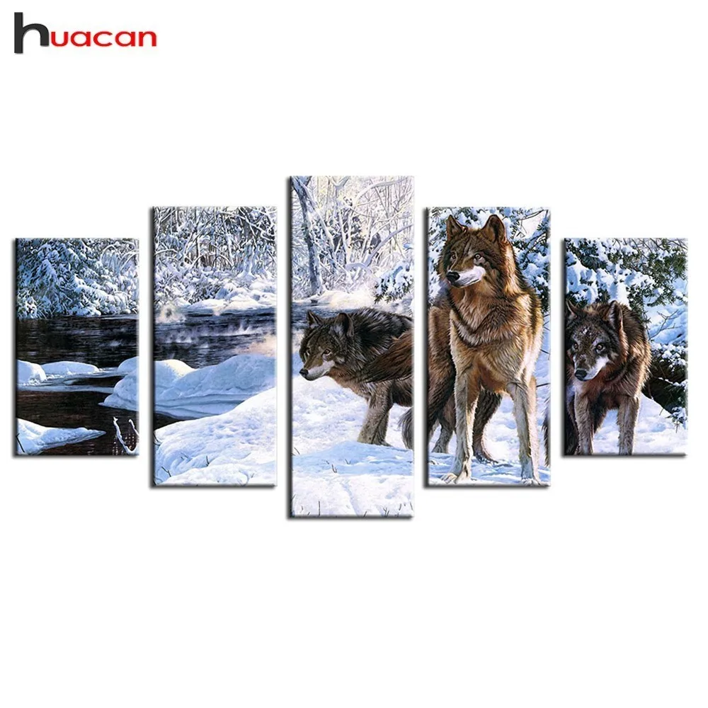 

HUACAN Diamond Mosaic Snow Wolf Multi-picture Combination Animals DIY Diamond Painting Full Square 5pcs Home Decoration