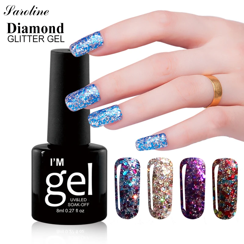 

Saroline Diamond Glitter Color Gold Sequins Gel Varnish Nail Art Soak Off UV Long Lasting Shining Glass Diamond Gel Nail Polish