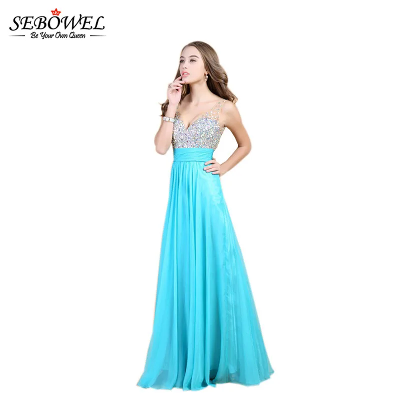SEBOWEL Sexy Summer Sleeveless Long Party Dresses Floor-Length Chiffon Lace Womens Formal Dresses Robe Femme Ete 2017 Bluewhite (4)