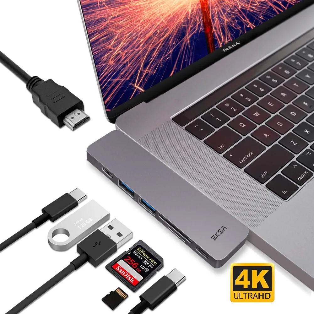 EKSA USB C Hub 7 in 1 Aluminium Thunderbolt Adapter mit 4K HDMI/Thunderbolt 3/ Ladeport Typ C/SD/Micro SD Kartenleser/ 2 * USB 3 EKSA USB C Hub 7 in 1 Aluminium Thunderbolt Adapter mit 4K HDMI/Thunderbolt 3/ Ladeport Typ C/SD/Micro SD Kartenleser/ 2 * USB 3