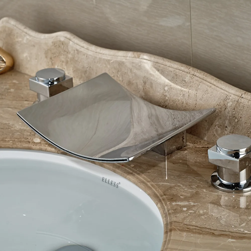 

Wholesale And Retail Waterfall Spout Bathroom Basin Faucet Dual Handles Vanity Sink Mixer Tap Deck Mounted