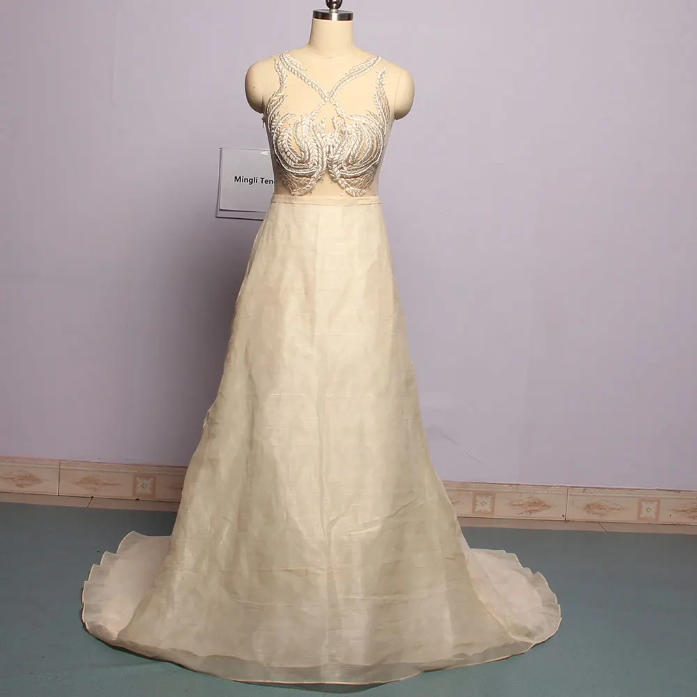 

Mingli Tengda Sexy Embroidery Wedding Dresses Crystal Bridal Gown 100% Real Photo O Neck Illusion Champagne Wdding Dress Bride