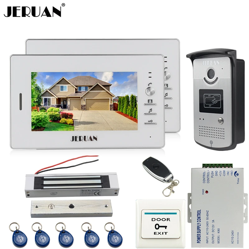 

JERUAN NEW 7 inch LCD video door phone Entry intercom system kit 2 monitor waterproof 700TVL RFID Access IR Night Vision Camera