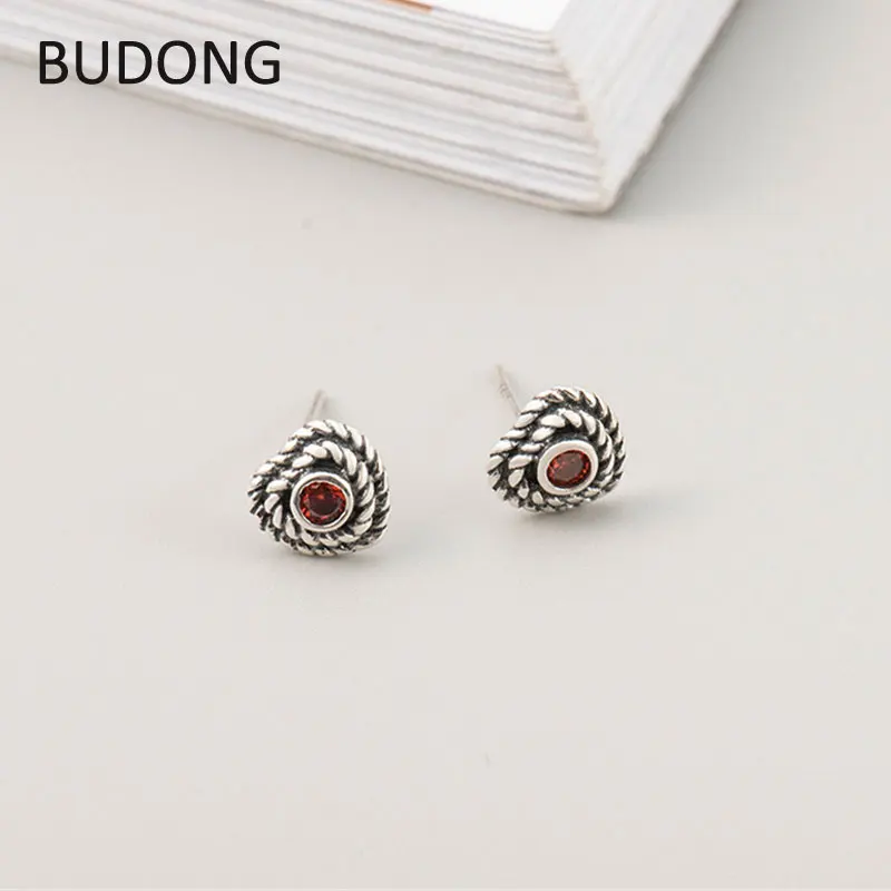 BUDONG Vintage Rope Winding Heart Stud Earrings for Women 925 Sterling Silver Wire Red Zircon Gothic Earring Jewelry LHE0054 | Украшения и