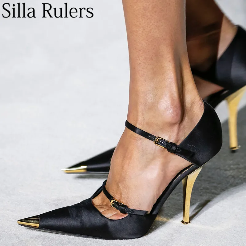 

2019 new spring silk thin high heel pumps women ankle strap metal pointed toe shallow shoes woman party shoes show pumps woman