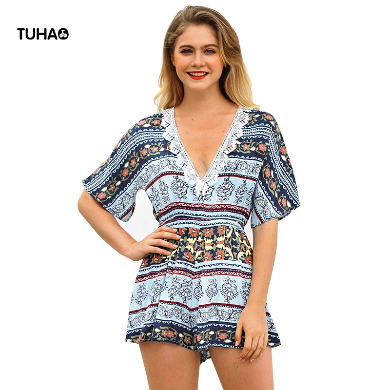 Deep V Neck Printed Short Sleeve Playsuits