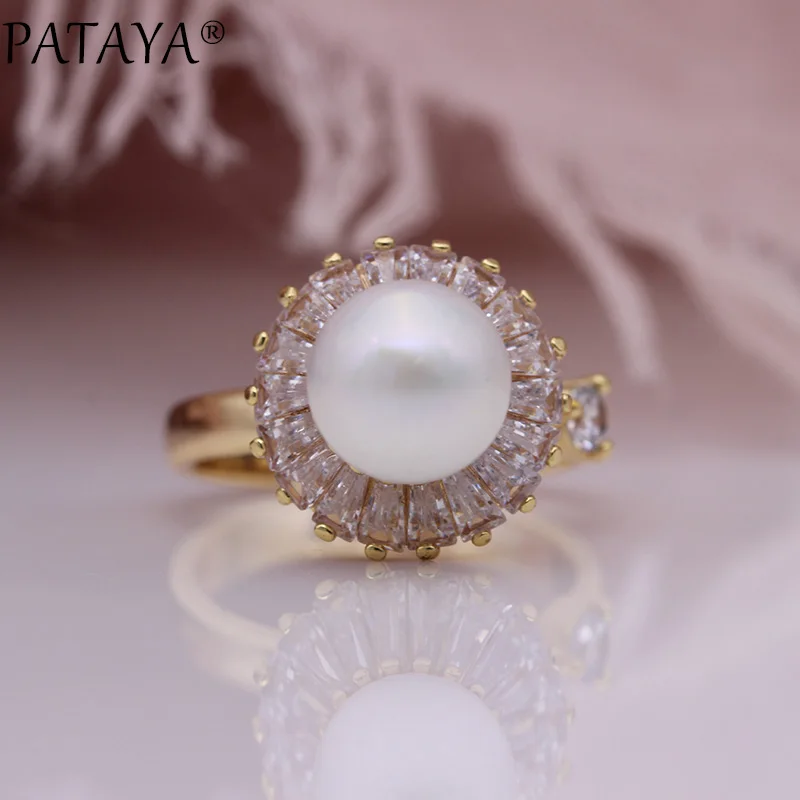 

PATAYA New Shell Pearls Women Rings 585 Rose Gold Fashion Jewelry Natural Zircon Creative Decompressed Rotating Up Opening Rings