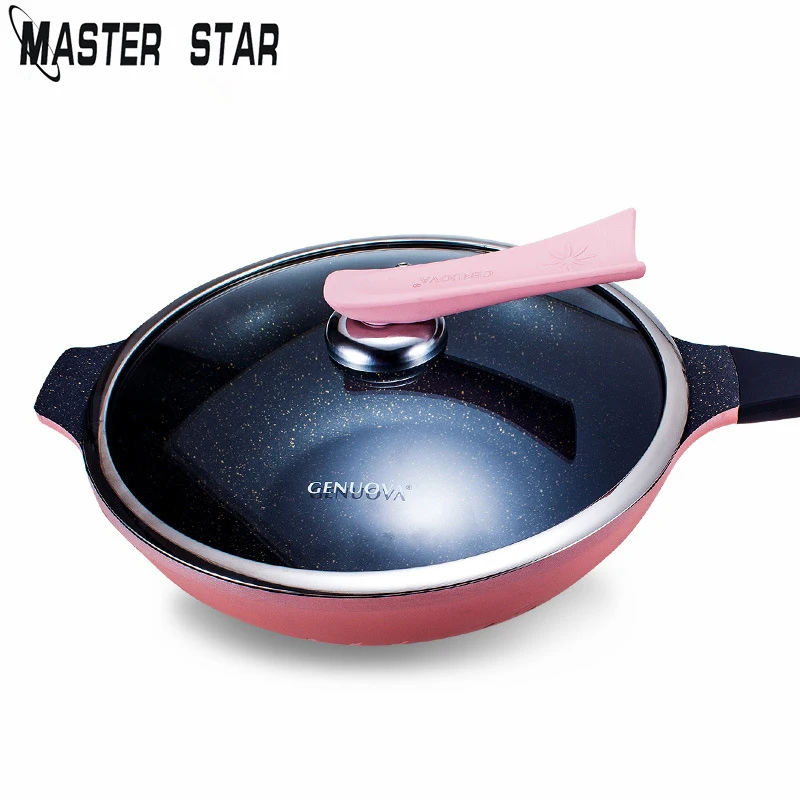 Master Star 32 см алюминиевые Woks розовые антипригарные сковороды со стеклянной крышкой для кухни без светильника, высококачественные кухонные инструменты