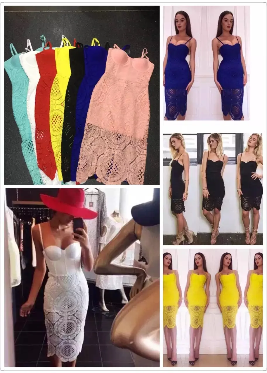 

Fashion high quality black white red yellow summer style straps elegant midi sexy lace celebrity bandage bodycon dress wholesale