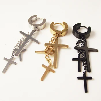 1 Piece Punk Stainless Steel Stud Earring Men Cross Earring Fashion Tassels Crosses Body Piercing Jewelry Black