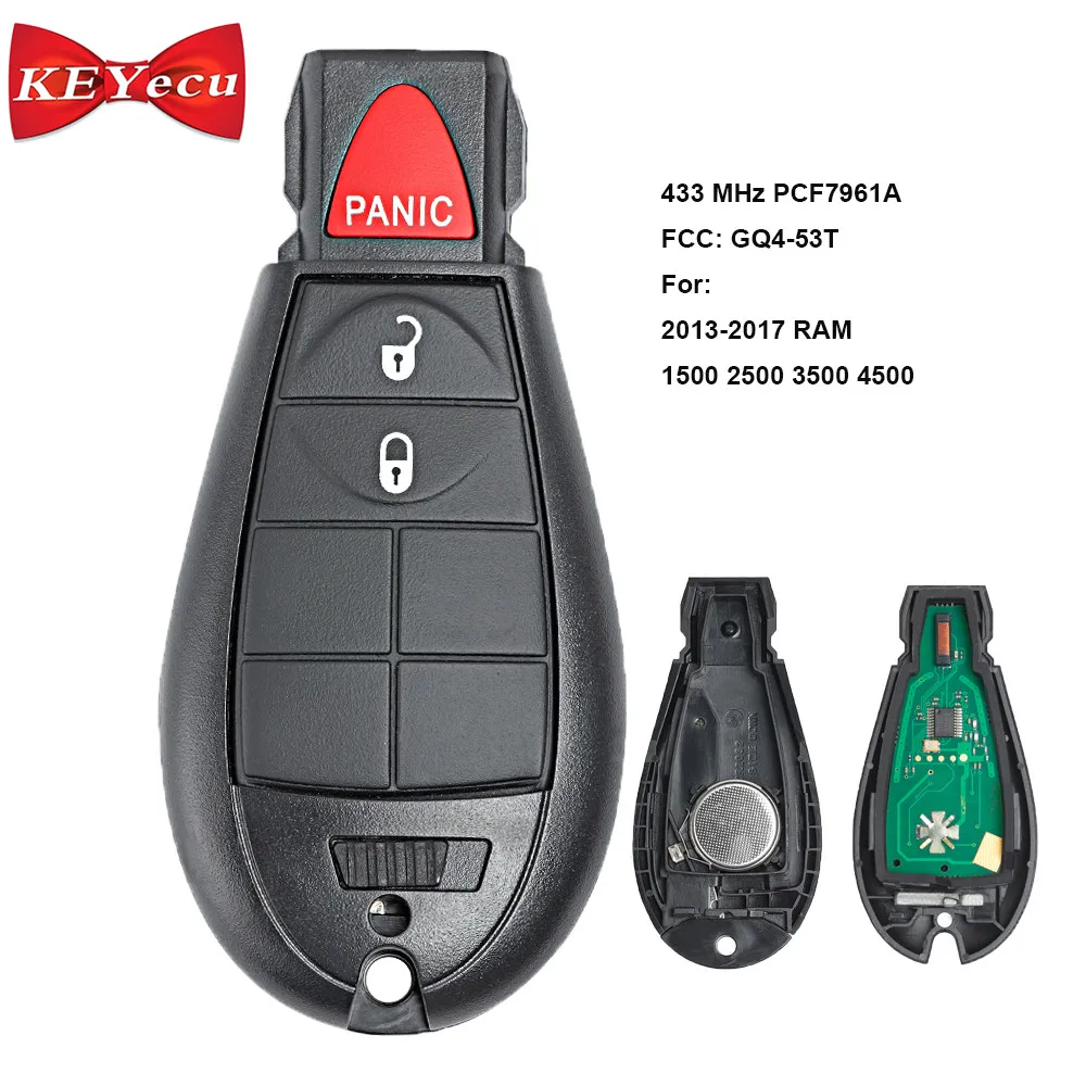 

KEYECU for RAM 1500 2500 3500 for Jeep Cherokee Replacement Remote Control Car Key Fob 3 Button 433MHz GQ4-53T PCF7961A Chip