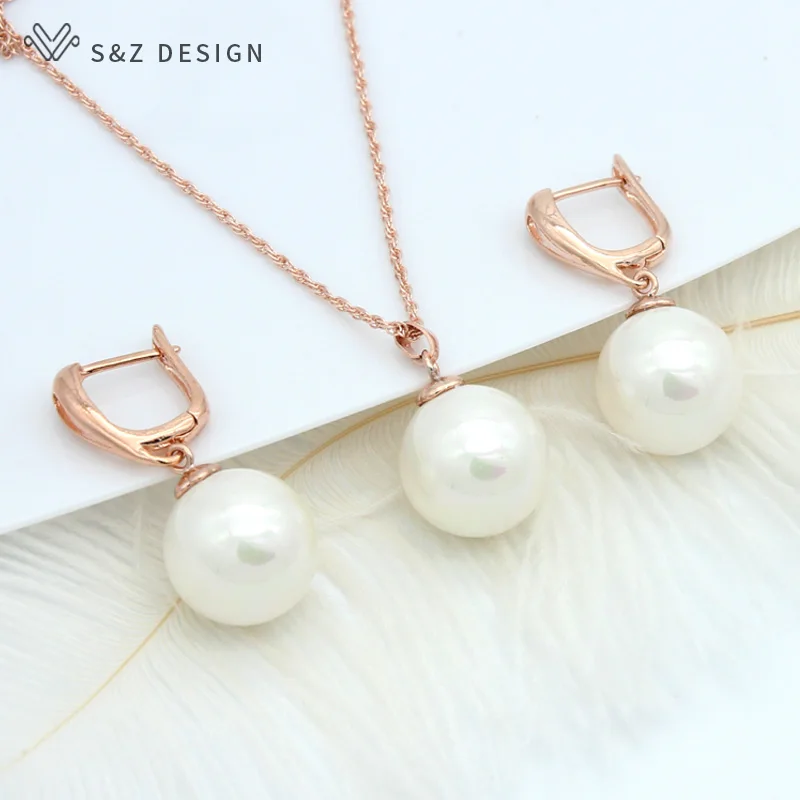 

S&Z New Trendy Round Imitation Pearl Dangle Earrings Jewelry Set Europe America 585 Rose Gold For Women Wedding Party Jewelry