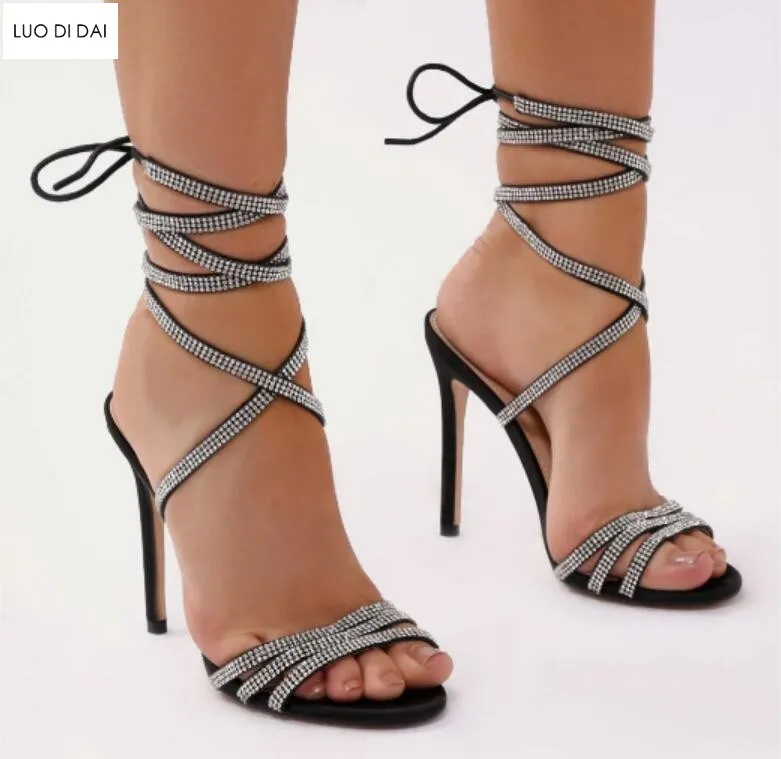 Г. женская модная обувь для вечеринок сандалии со стразами сандалии с острым носком босоножки на высоком каблуке 12 см со шнуровкой