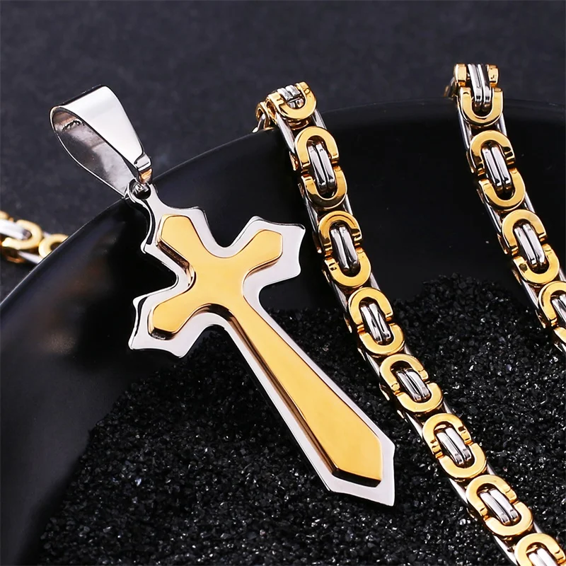 

Multilayer Cross Men's Pendant Silver Gold Color Stainless Steel Byzantine Chain Orthodox Pendant Necklaces for Men Jewelry