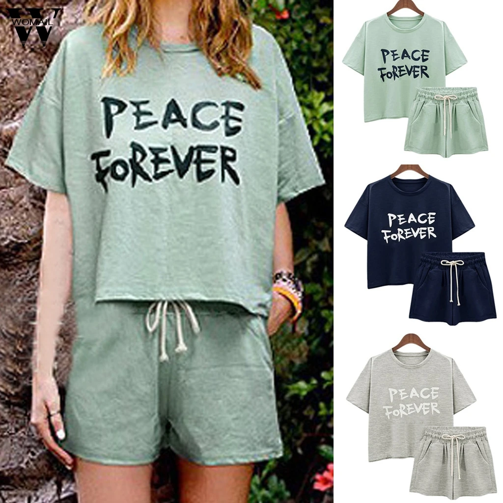 

Womail tracksuit Summer Women Set 2PCS Solid Loose Short Sleeve Top+Shorts Set sport Running Suit Simplicity Casual J624