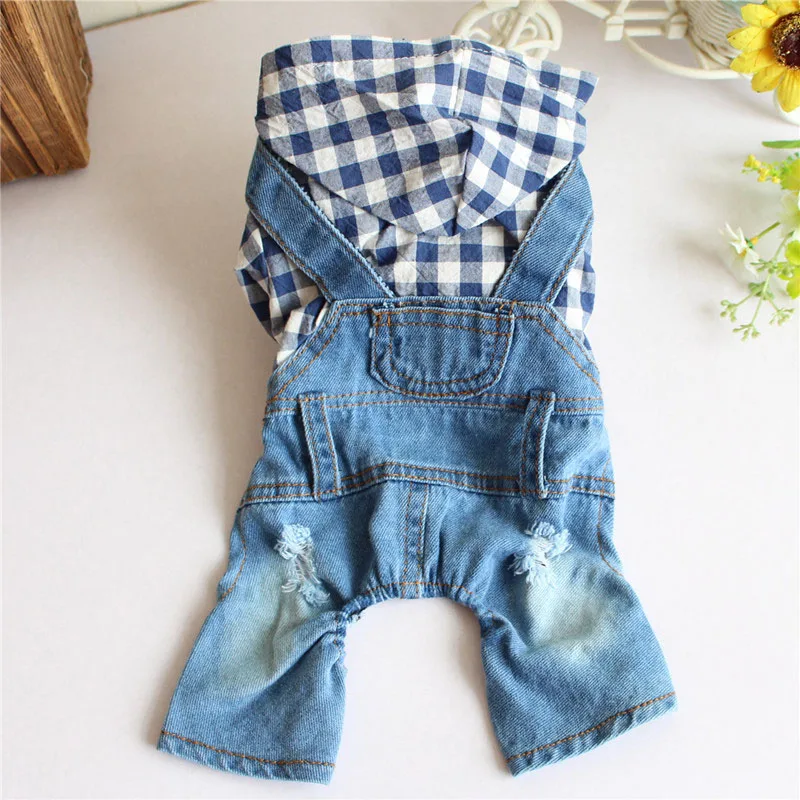 

2017 Newest Design Blue Color Thin Jean Clothes for Dogs Plaid Four Legs Cowboy with Hat Denim Fabric Clothes for Dogs