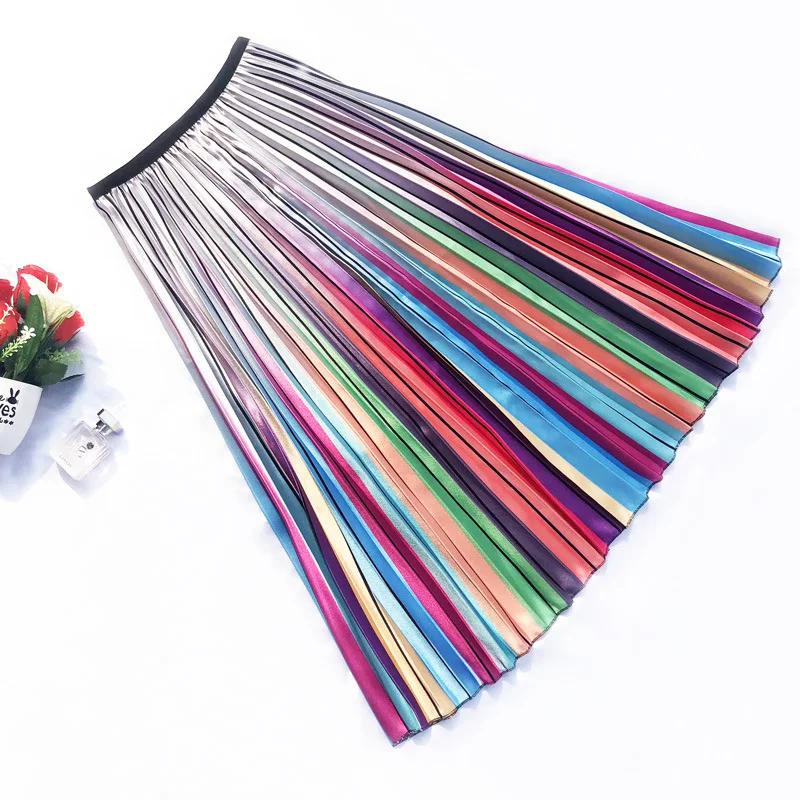 

2019 New Rainbow Color Matching Accordion Pleated A Word Skirt Chic Style Gradient Satin Long Pleated Skirt