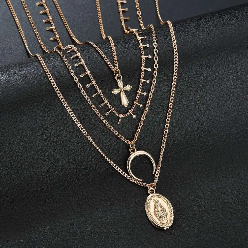 2019 NEW gold color sexy clavicle chain 4 layers tassel Moon Cross Jesus pendant statement Chokers Necklace women | Украшения и