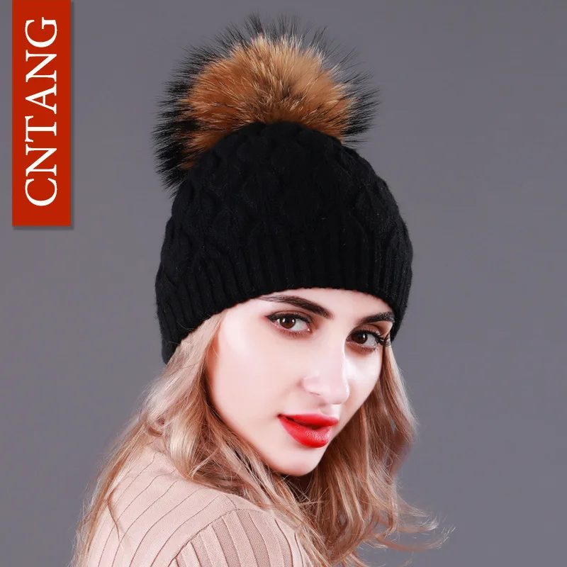 CNTANG Double layer Thick Wool Knitted Hats For Women Natural Raccoon Fur With Pompom Caps Winter Warm Ladies Fashion Beanies - Цвет: Черный