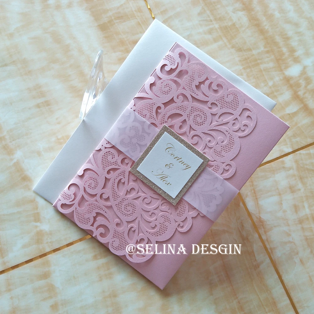 

Elegant Pink Sweetheart Laser Cut Trifold Pocket Wedding Invitations Cards with Seethrough Band and Glitter Tag and RSVP Cards