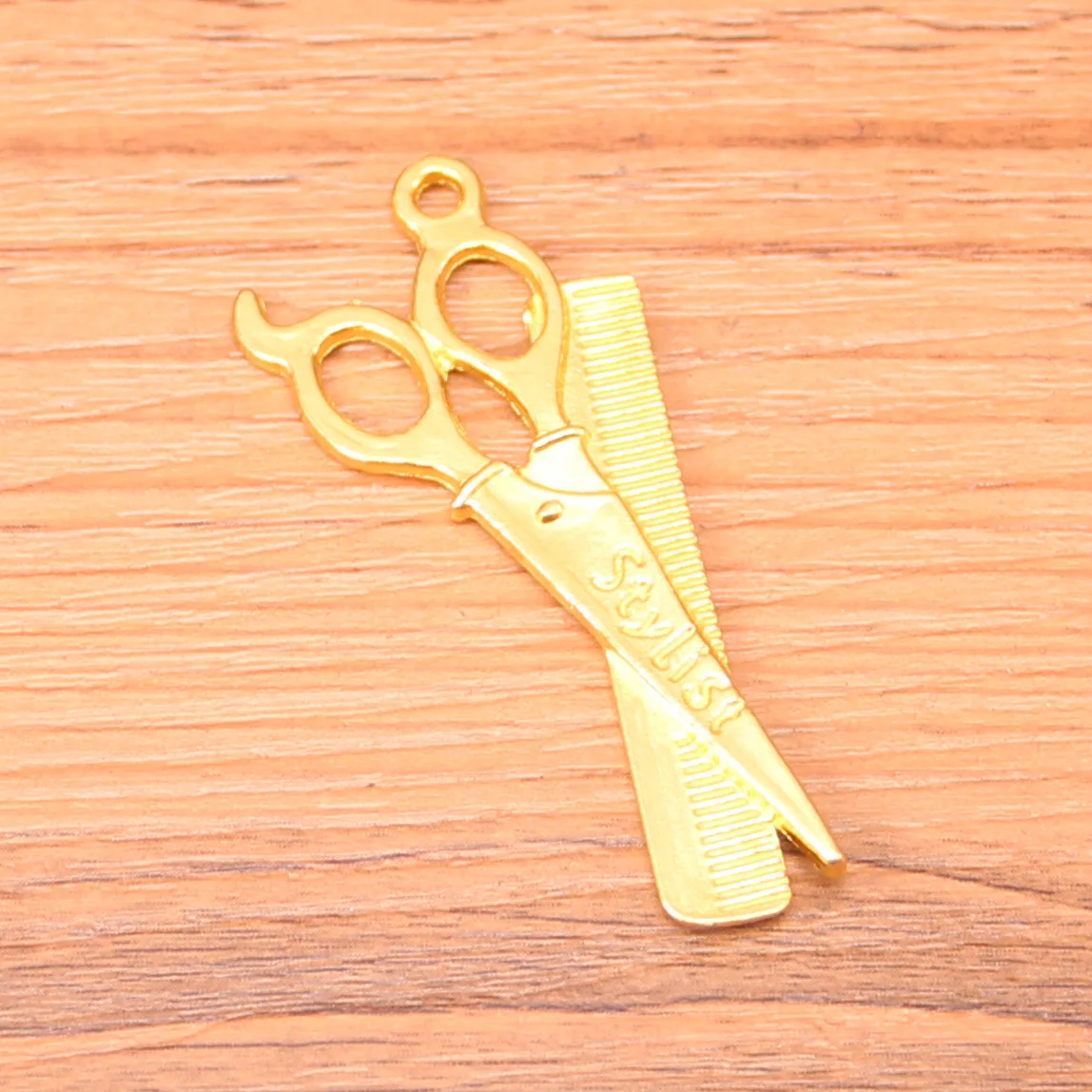 5pcs barber scissor comb stylist charms metal pendants Gold Color for