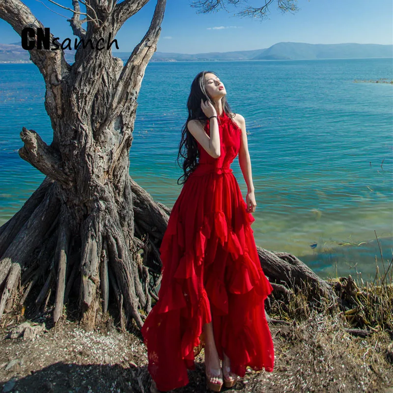 

In The Summer of 2016 New Han Edition Fashion Halter Off-the-shoulder Woman Dress Falbala Irregular Big Red Chiffon Dress
