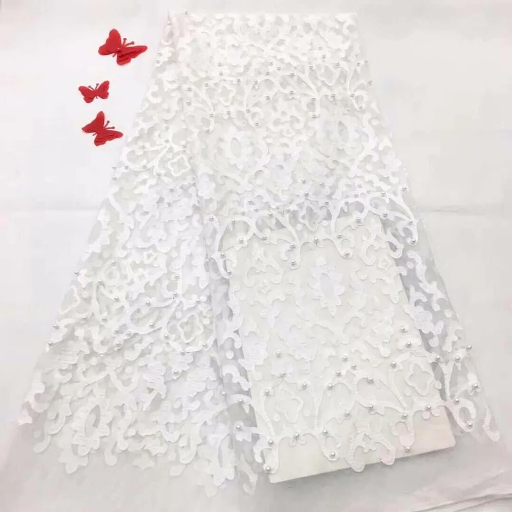 Latest white African Laces Fabrics 3d Embroidered Tulle French Lace Fabric With bead 2018 Net fabric | Дом и сад