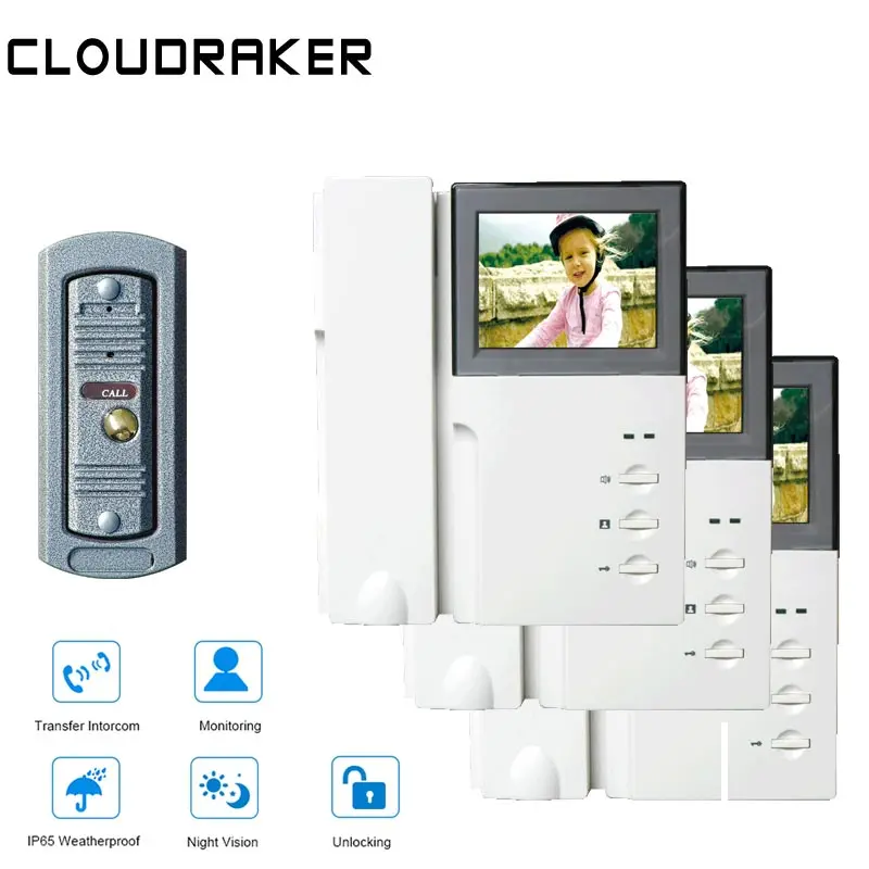 

CLOUDRAKER 4.3'' Video Intercom System 3x Monitor with 1x Pinhole Wired Video Door Phone Camera IR Night Vision Unlock