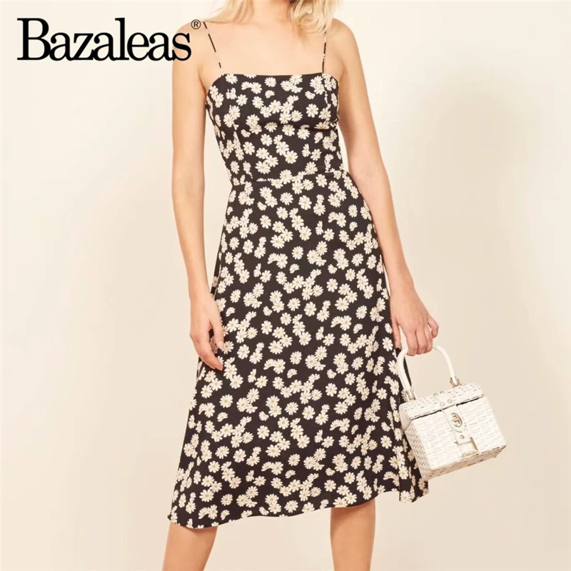 

Bazaleas Vintage Adjust Spaghetti straps Midi Dress Small Daisy Print Chic summer Dress Fashion vestidos Slim drop shipping