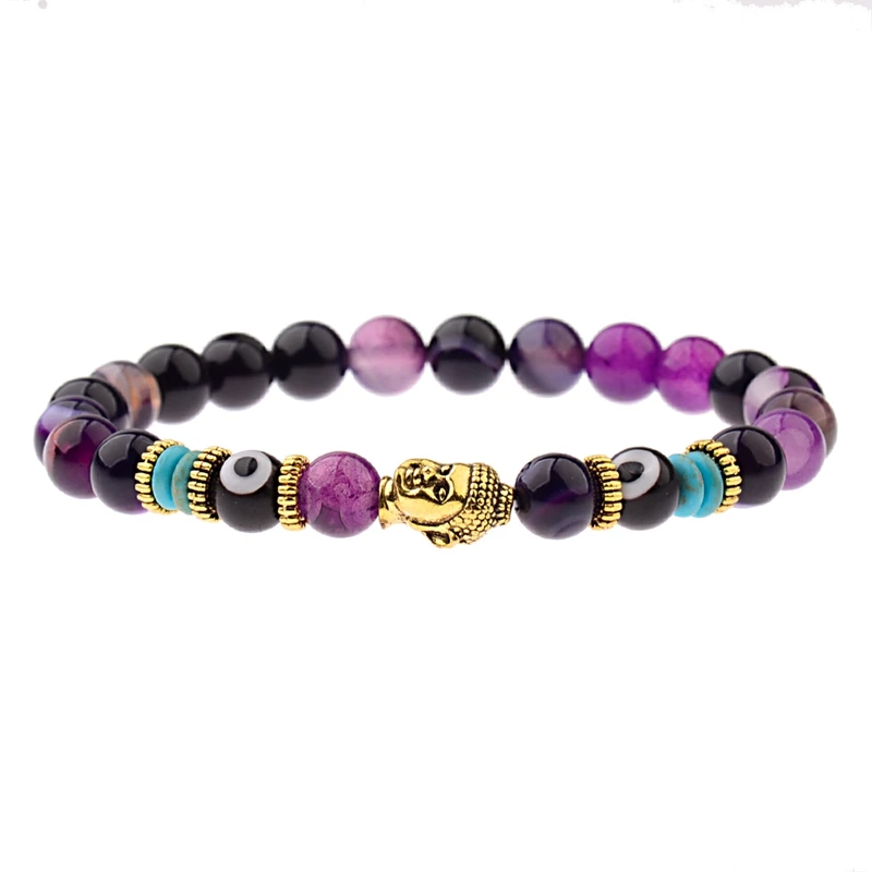 Charm Buddha&Evil Eye Bracelet Women 8mm Elastic Round Bright Black Stone Chakra Bracelets Men Erkek Bileklik Homme