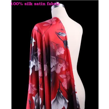 

Good 1 meter Red Silk Fabric Elastic Satin Silk Cloth Magnolia Flower Printed Silk Fabric DIY Sewing Cheongsam Dress Clothing