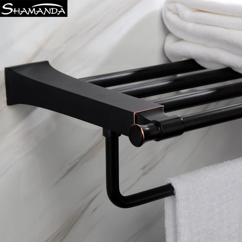 

New Style Bathroom Wall Mounted Chrome/ORB Black Towel Racks Bath Double Towel Holder Shelf with Bar Bathroom Accessories 49011