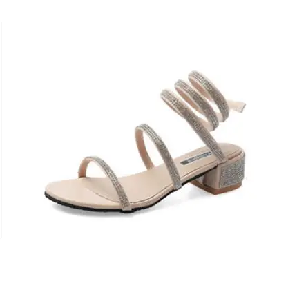 

2019 new net red with the same snake-shaped winding sandals female summer thick with the middle of the Roman strap high heels wi