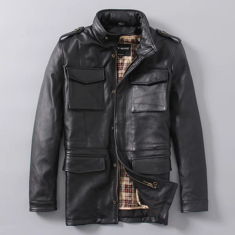 Черная длинная M65 Натуральная Кожа Мужская куртка из настоящей толстой воловьей кожи размера плюс 6XL русская зимняя теплая кожаная куртка - Цвет: Черный